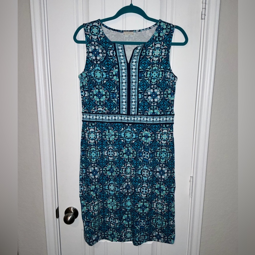 Talbots Teal and Navy Sleeveless Tile-Print Mini Dress
